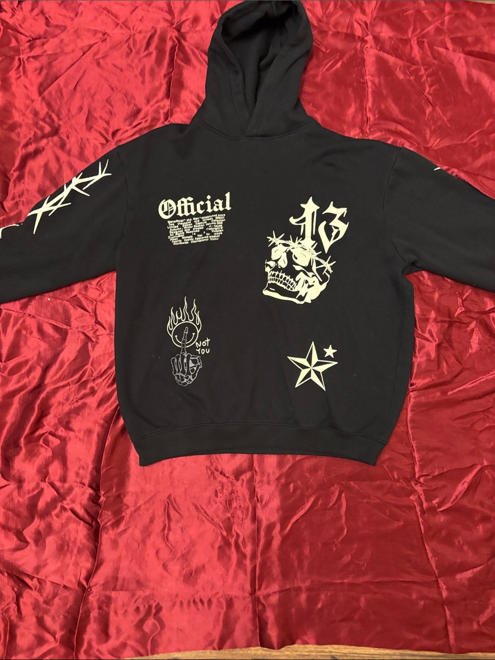 Boohoo Mens Black Crewneck Hoodie with Cream Graphic Prints